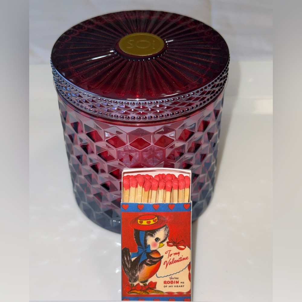 SOI VALENTINE RED CUT GLASS CANDLE WITH VINTAGE VALENTINES MATCHES.